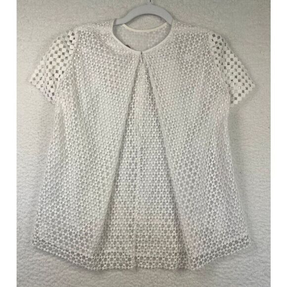Tory Burch Crescent Guipure Lace Pleated Back Short Sleeve Top Off‎ White Size 4 - Picture 4 of 9